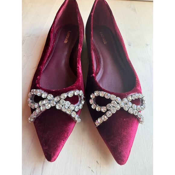 Larroudé Lee Crystal-Embellished red Bow Velvet Ballet Flats size 6.5 - Picture 6 of 11